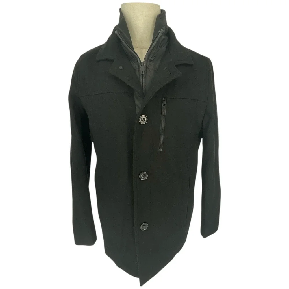 Kenneth Cole New York Mens Black Wool 2-in-1 Poly‎ Puffer Liner Car Coat Sz S